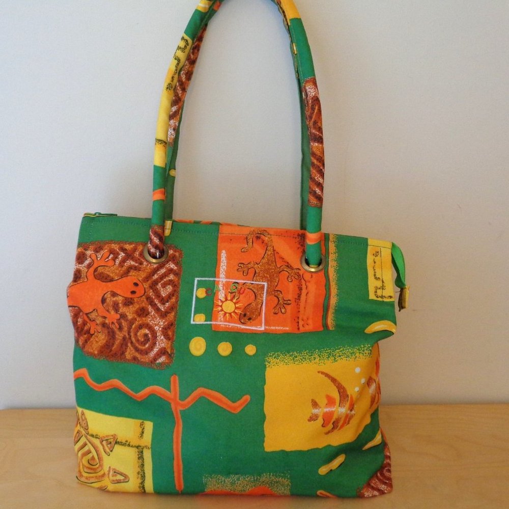 Cancun Beach Large Tote Bag Palm Tree Gecko Sun Fish Print Orange Yellow Green